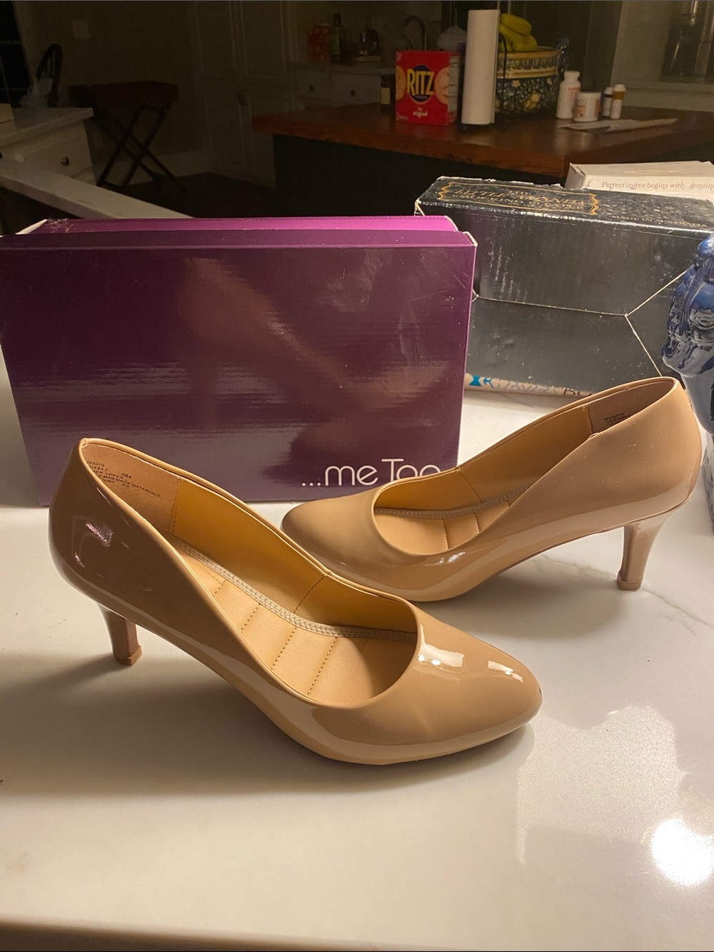 me too Beige Patent Mid-Heel Pumps
